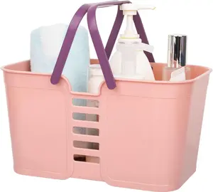UUJOLY Plastic Storage Baskets with Handles, Storage Bin Shower Caddy Organizer for Bathroom and Kitchen, Pink