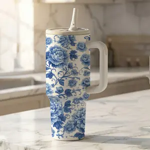 mikenda Blue Vintage Floral 40oz Tumbler with Handle & Straw, Elegant Flower Insulated Cup, Mother's Day Gift.