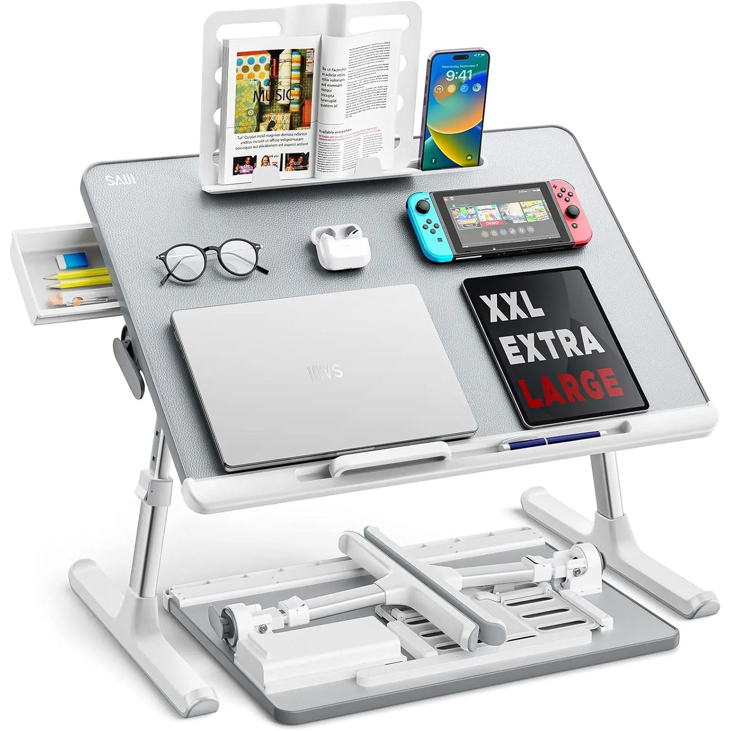 Laptop tray,  60*45cm Table lap for bed, Multi-purpose  Lapdesk, Height Angle adjustable, with Book Stand, Drawer, Tablet slot, for Eating, Working, Writing, Gaming, Drawing (Light Grey)