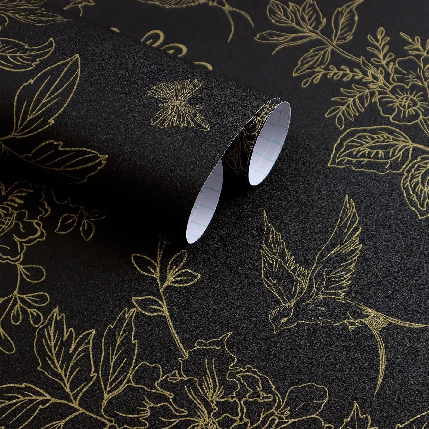 Black and Gold Vintage Floral Boho Peel-and-Stick Wallpaper (17.7in x 118.1in) - Dark Adhesive Thin Film Vinyl, Floral Decorative Sticker Wallpaper for Bedroom, Cabinets, Floral Wallpaper