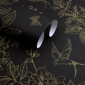 Black and Gold Wallpaper Peel and Stick Wallpaper 17.7"x118.1" Vintage Floral Boho Peel and Stick Wall Paper Dark Removable Self Adhesive Contact Paper for Bedroom Cabinets Shelf Liner Vinyl