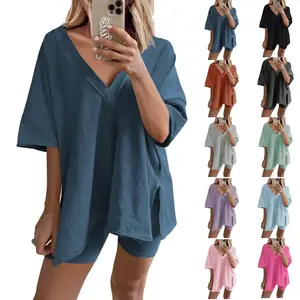 Mundoven 2 Two Piece Outfits for Women Summer Oversized Workout V Neck T Shirts Biker Shorts Matching Sets