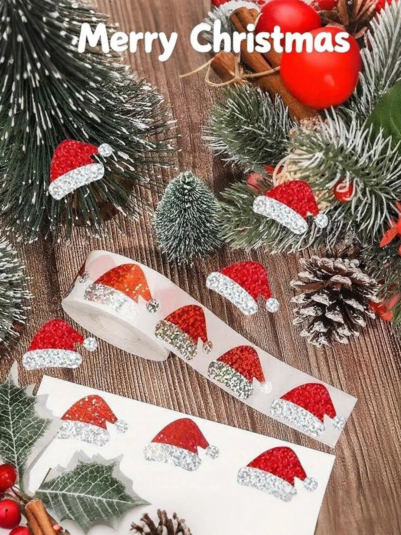 500pcs Red Christmas Santa Hat Stickers with Glittering - Laser-Cut Self-Adhesive Waterproof Decoration for Holiday Cards, Gifts, Party Decorations - One-Time Use Festive Party Supplies (500 Count), Christmas Accessories, Gift Decoration, Glittery Finish