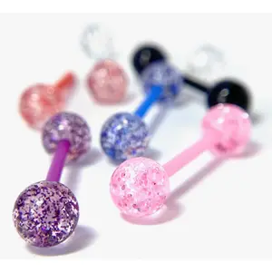6pc Bulk Pack Super Glitter Balls Tongue Rings 14g Tounge Body Jewelry No Metal