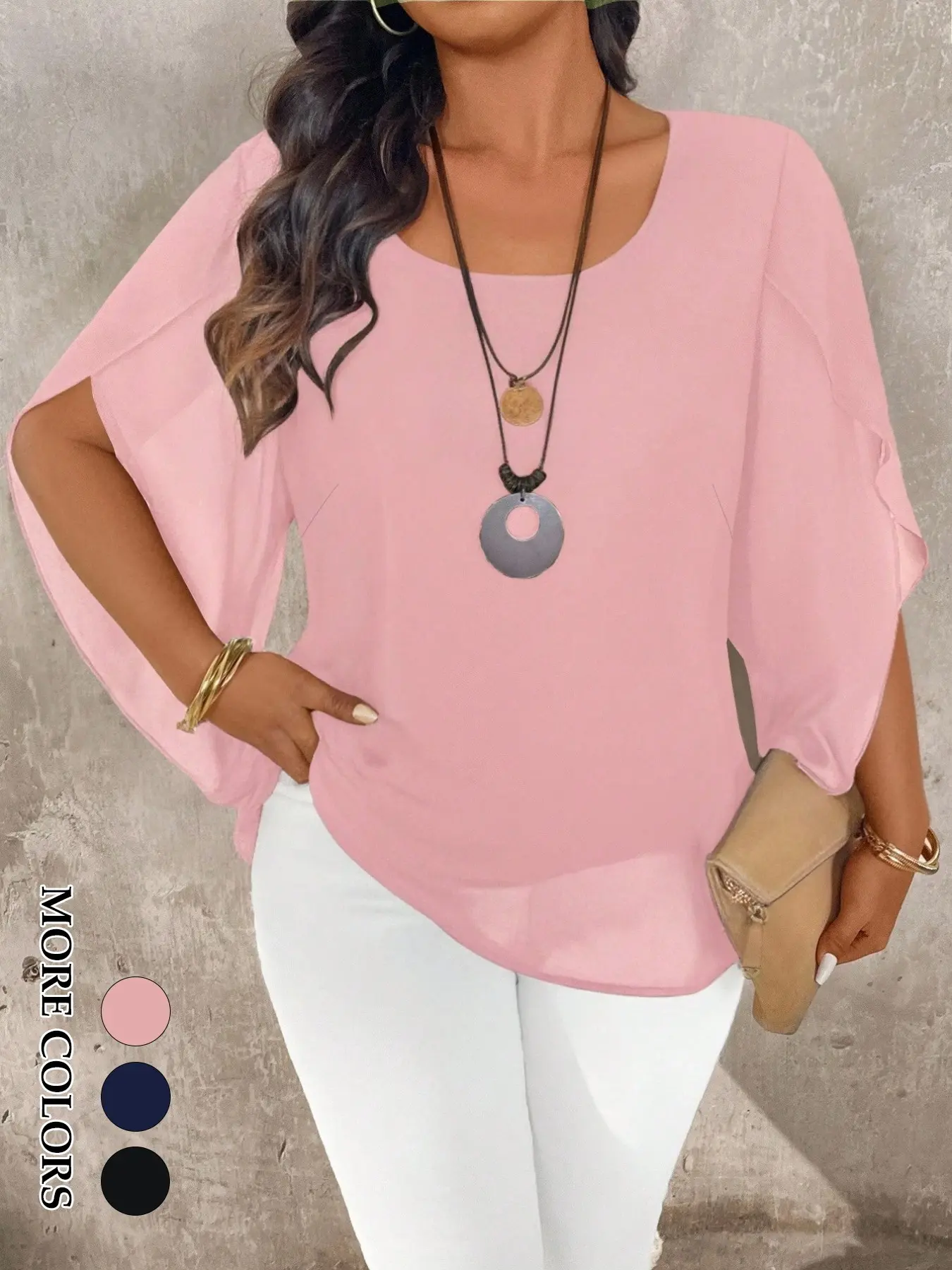 Women's Plus Size Elegant Blouse, Fashion Semi-Sheer Petal Sleeve Top, Double-Layer Fabric, Suitable for Office and Formal Events, Shirts