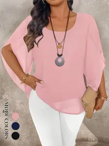 Women's Plus Size Elegant Shirt, Sheer Layered Design, Split Shoulder Sleeves, Dual Fabric Flowy Long Coat, Fashion for Office, Dinner, Formal Events