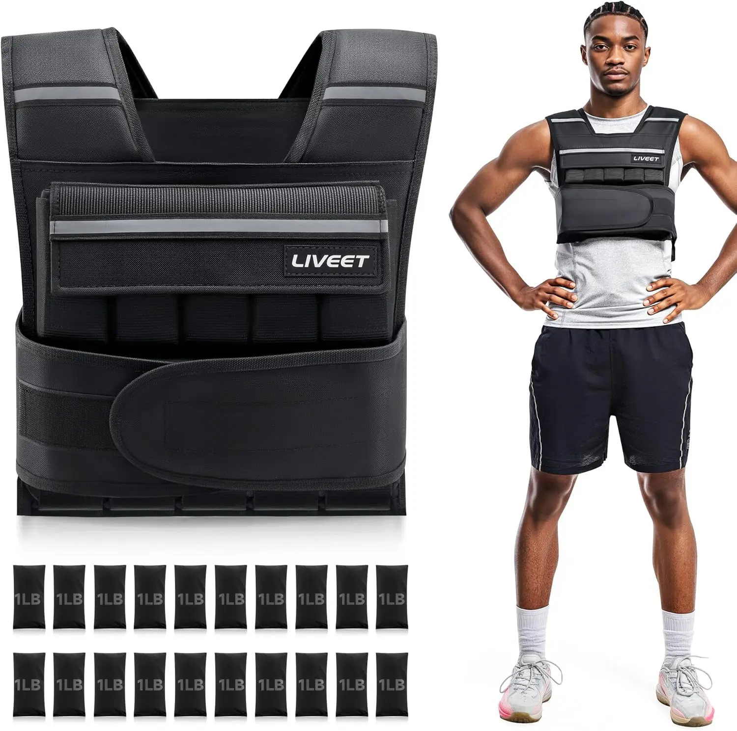 LIVEET Adjustable Weighted Vest for Women & Men, 5-60 lbs, Reflective Strips, Adjustable Straps, for Walking, Outdoor Hiking, Strength Training | Fitness Equipment