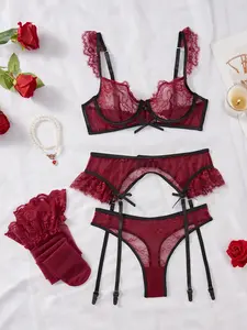 Christmas Five-Piece Set, Sexy Lace Underwear, Adjustable Bra and Thigh Garters, Romantic Midnight Socks, Perfect for Private Parties