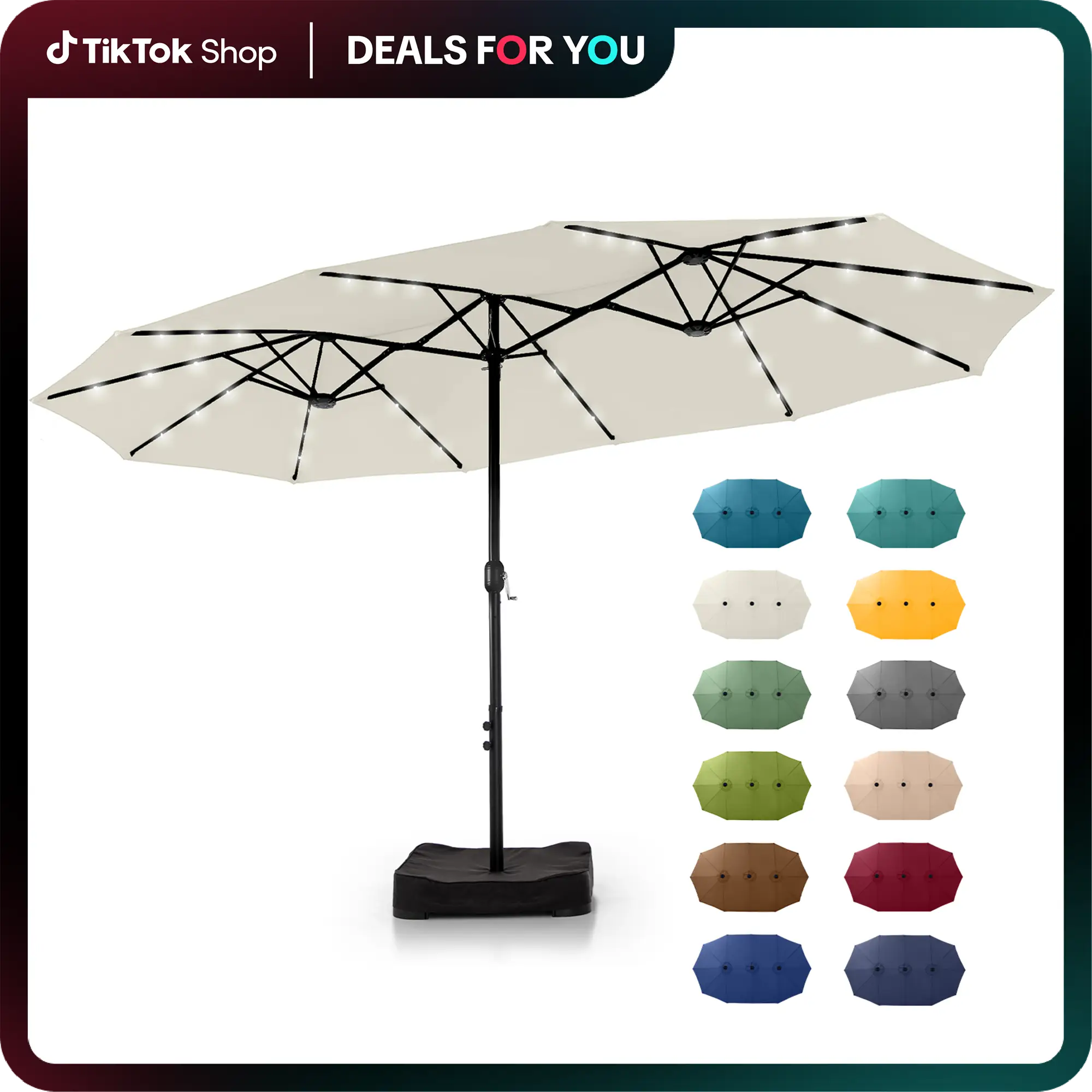 PHI VILLA 15 ft Extra Large Patio Umbrella with 36 LED Lights, Metal Construction, Includes Base, Heavy Duty for Pool Garden Backyard Outdoor Modern D