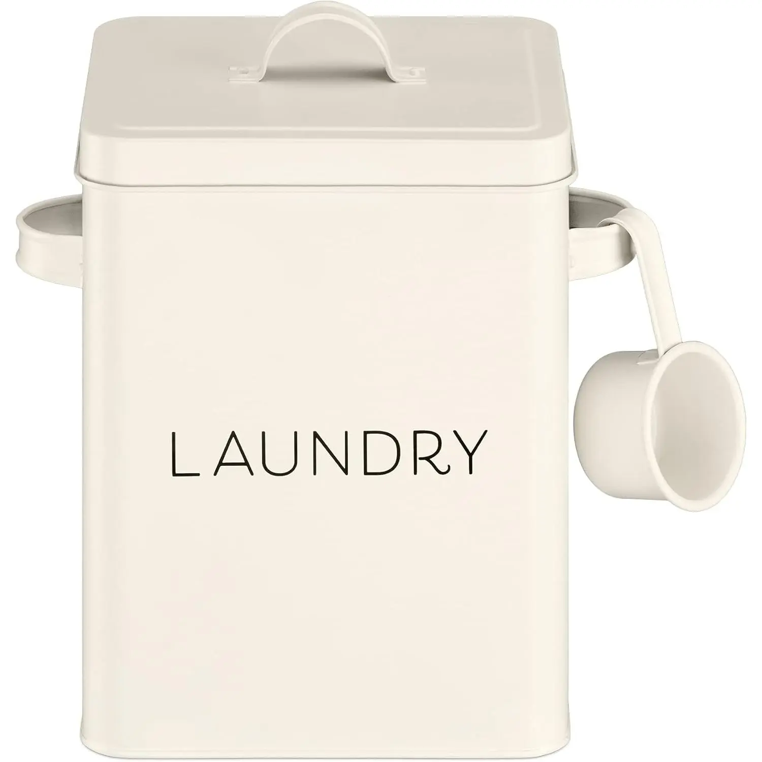 Laundry Detergent Container with Scoop - Powder Soap Tin Vintage Style Metal Organizer Canister Box Lid and Handles White