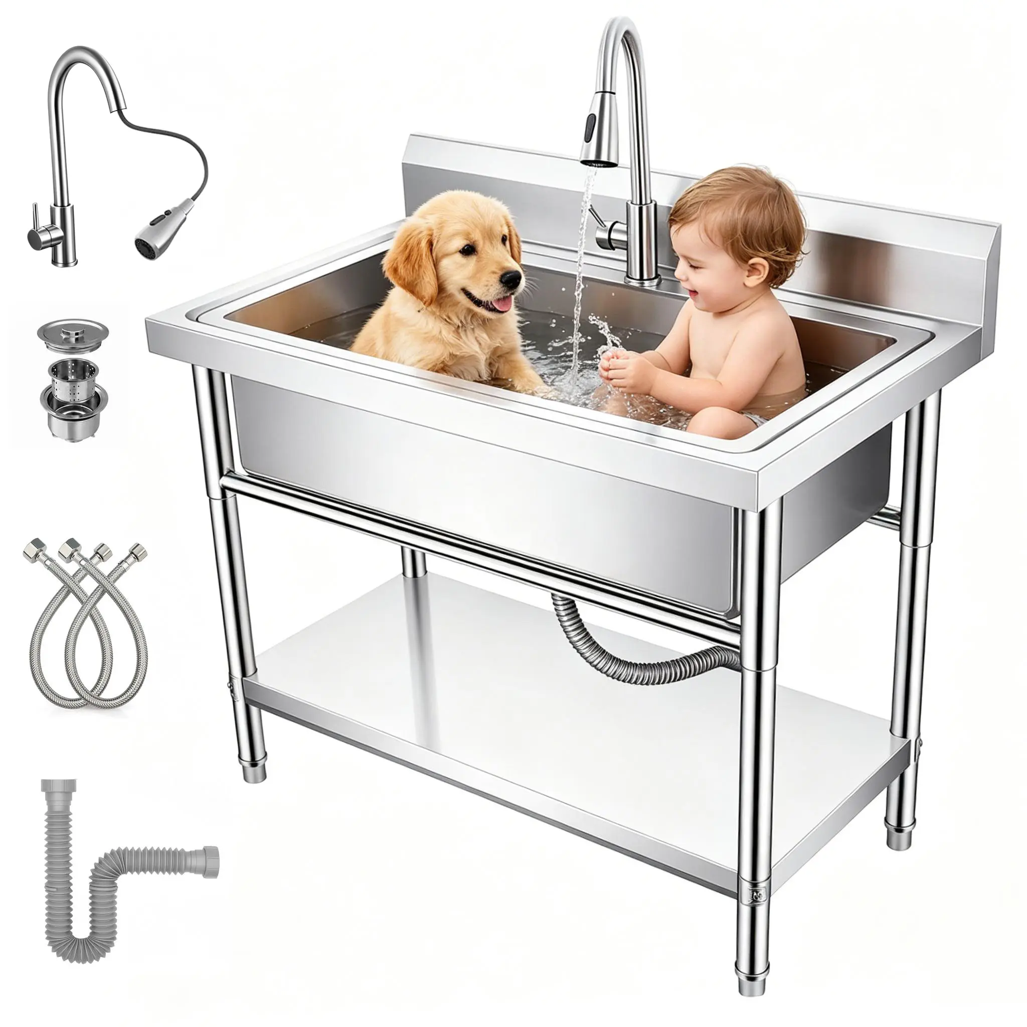 Utility Sink Free Standing Single Bowl Kitchen Sink with Cold and Hot  Pipe Stainless Steel Sink for Garage Shop Laundry Room Basement Garden Farmhouse Mens Gifts Ourdoor Indoor fregadero outdoor station faucet Shelf Top Mount  water aerator Kitchensink H