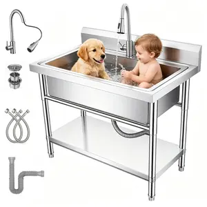 Utility Sink Free Standing Single Bowl Kitchen Sink with Cold and Hot  Pipe Stainless Steel Sink for Garage Shop Laundry Room Basement Garden Farmhouse Mens Gifts Ourdoor Indoor fregadero outdoor station faucet Shelf Top Mount  water aerator Kitchensink H