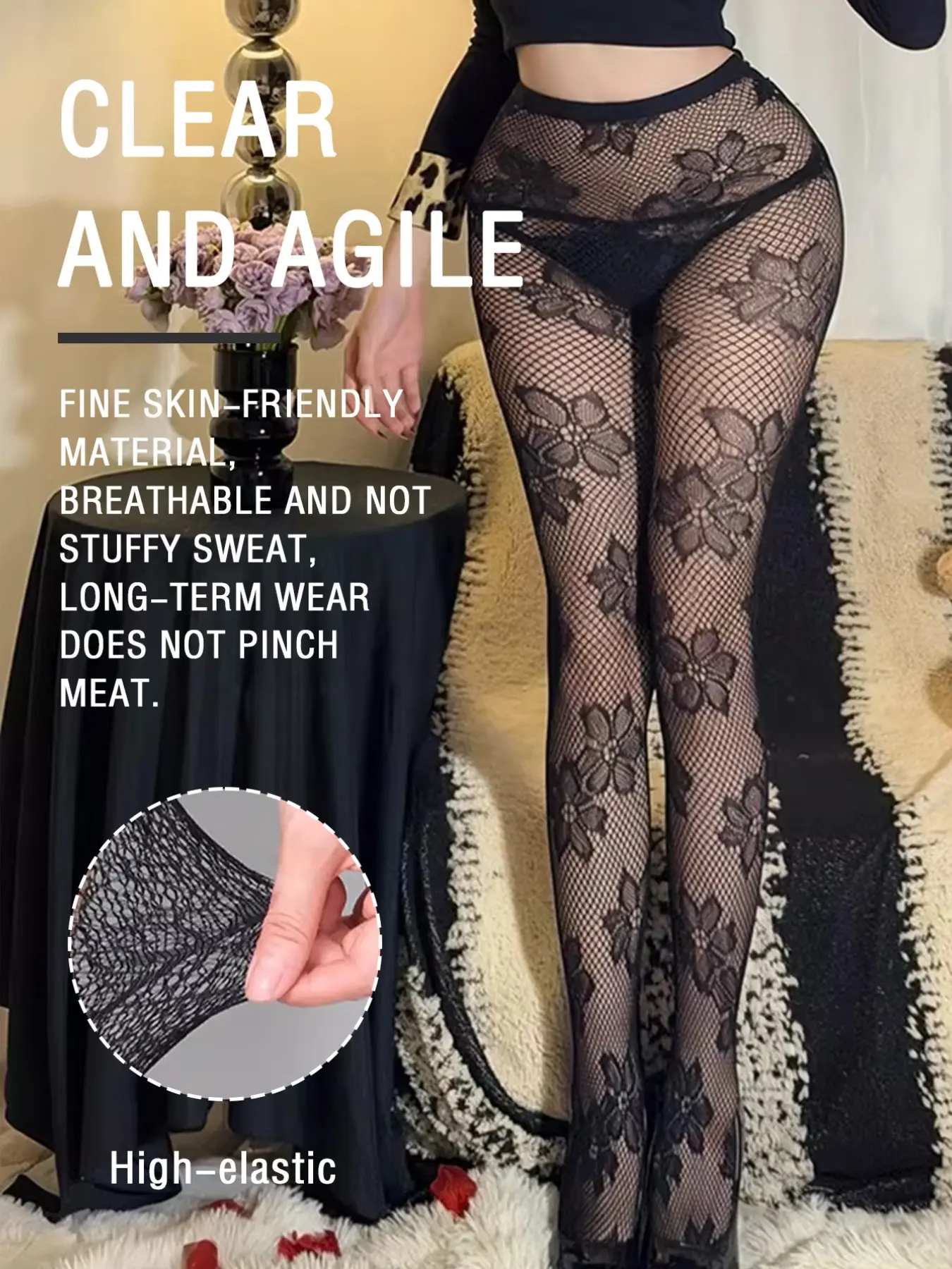 Women's Floral Fishnet Stockings, High Elasticity Anti-Pill, Sexy Slim-Fit, All-Over Print, Fashionable Leggings, Trendy Skinny Underwear, Tights, Clothing