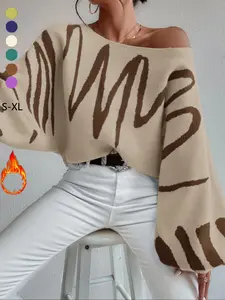 Women's Wave Lantern Sleeve Sweater, Loose Fit One-Shoulder Knit Top, Casual Fall & Winter Fashion, Daily Commute Wear, Christmas Gift, Knitwear