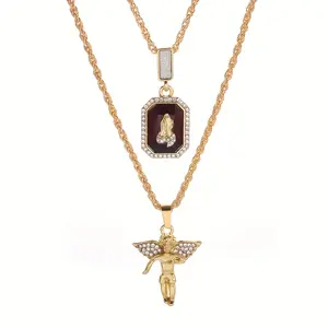 Golden Angel & Pendant Bundle Set Cz Pendant Hip Hop Rope Chain Men's And Women's Necklaces