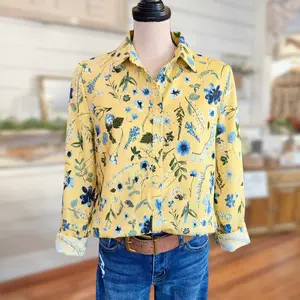 SageVell 100% Cotton Vibrant Yellow Floral Collared Shirt Long Sleeve Blouse Button Down Trendy Top