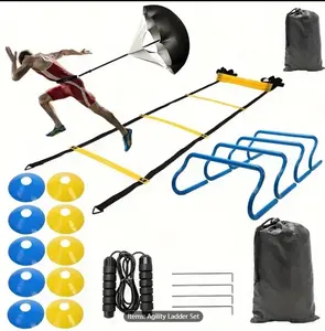 Speed Agility Training Set - Adjustable Rung Speed Ladder With 10 Disc Cones For Football, Workout, Footwork Training - Includes Resistance Parachute, 4 Ground Nails