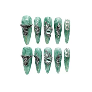 Green Press On Nails for Women — Long Stiletto Shape with Silver Charms, Edgy Style