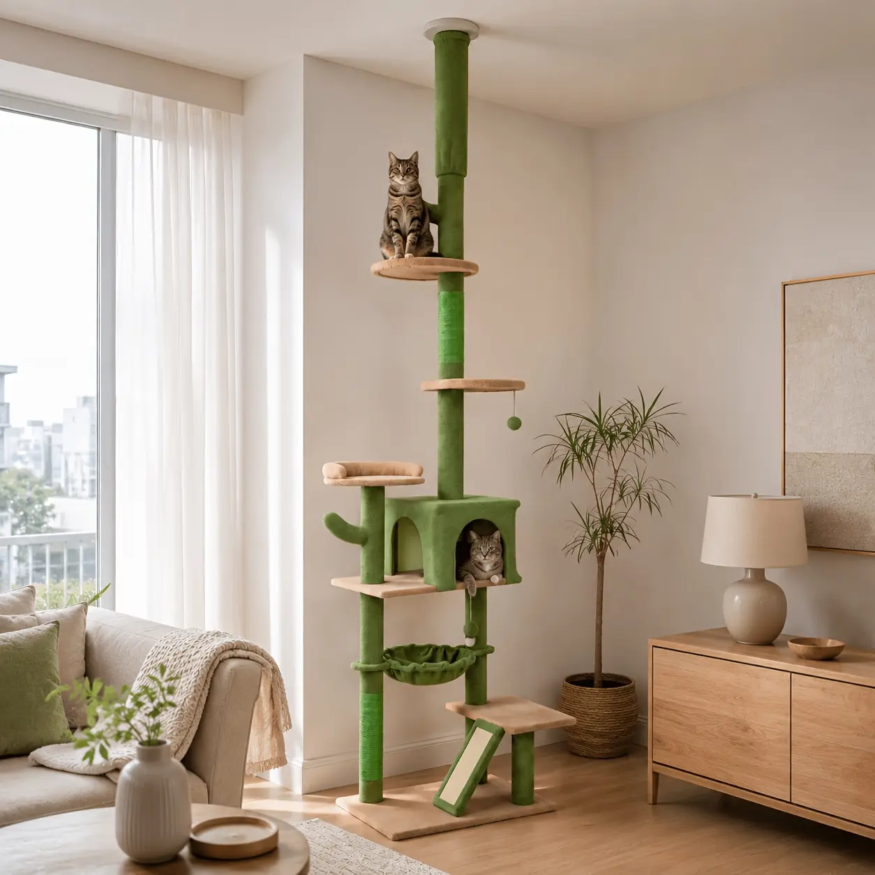 Cactus-Shaped Cat Tree Tower Suitable for Small Spaces - Tall Floor-to-Ceiling Indoor Climbing Playground with Wood, Space-Saving Vertical Cat Furniture for Multi-Level Climbing, Scratching & Resting for Small Apartments