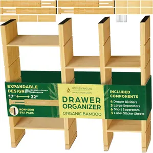 Golden Nature Bamboo Drawer Organizer with Inserts and Labels - Adjustable 17 to 22 Inch Spring-Loaded Dividers for Kitchen, Bedroom, Bathroom, and Office Storage