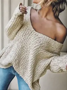 Women's Plain Drop Shoulder V Neck Sweater, Casual Solid Long Sleeve Jumper for Spring & Fall, Fashion Women's Knitwear for Daily Wear