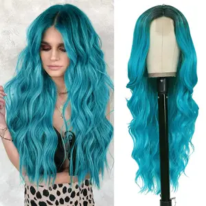 Long Ombre Blue Green Wavy Wigs for Women Everyday Wear or Cosplay Middle Part Glueless Curly Lace Wig Natural Looking Synthetic Heat Resistant Fiber Wig Daily Party Use