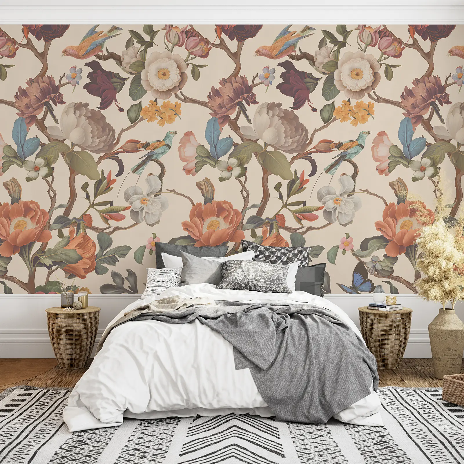 Zeeko Floral Peel and Stick Wall Mural Beige Flower Wallpaper for Bedroom TV Background Vintage Wallpaper Large Floral Wall Murals Art Deco 148" W x 98" H