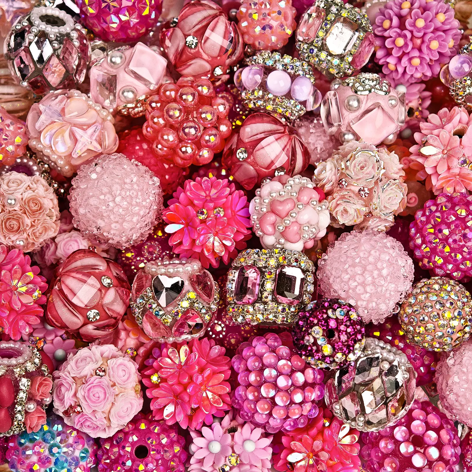 5Pcs Random Pink Rhinestone Chunky Resin Beads, Mixed Shapes with Large Holes, Suitable for DIY Bracelets, Necklaces, and Jewelry Making Craft Supplies