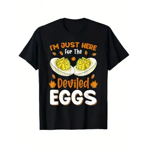 Unisex Cotton Regular Fit T-Shirt 1pc - I'm Just Here for The Deviled Eggs Print, Geometric Pattern, Round Neck, Stretch Fabric, Suitable for All Seasons, Ideal for Halloween, Thanksgiving, Chr