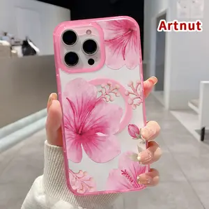 Pink Hibiscus Reverie Pattern Magnetic Phone Case for iPhone 16 15 14 Pro Max 13 12 11 XR XS E Plus Shockproof Lightweight Transparent Protective Soft Cover Supports Wireless Charging