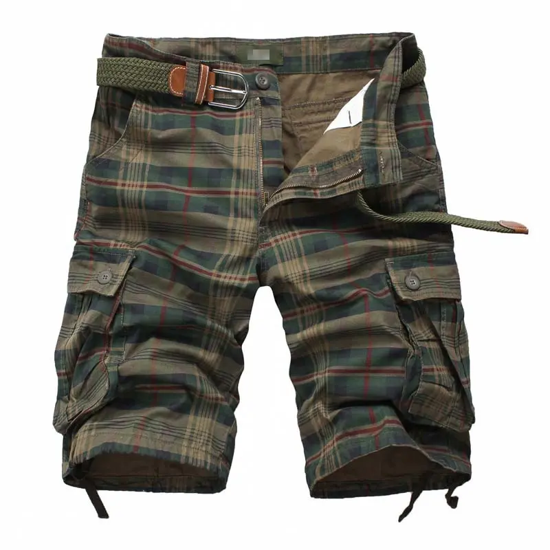 Export European and American Foreign Trade Men's Cargo Shorts Men's Sports Shorts Five-Point Multi-Pocket Plaid Shorts Men
