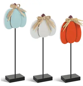 3 Pcs Fall Pumpkins Table Decorations, Wooden Pumpkin Decor Thanksgiving Table Centerpieces Rustic Pumpkin Standing Table Signs Pumpkin Fall Tiered Tray Decor for Autumn Tabletop Mantle