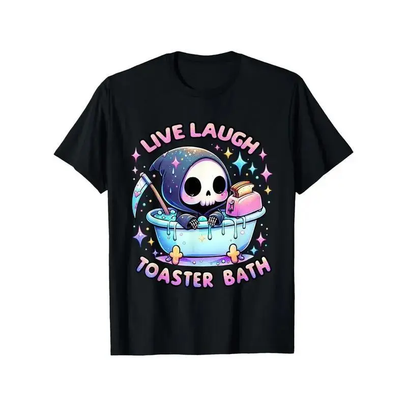Men's Funny Toaster Bath Skeleton Graphic T-Shirt - USA-Made 100% Soft Cotton Short-Sleeve Round Neck Top for Casual Fitness, Funny Print