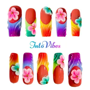 IntoVibes Premium Handmade Medium Square Press On Nails Colorful Contrasting 3D Flowers Unique Shapes Glossy Finish for Bridal Party Outfit Gel X Tips easter summer