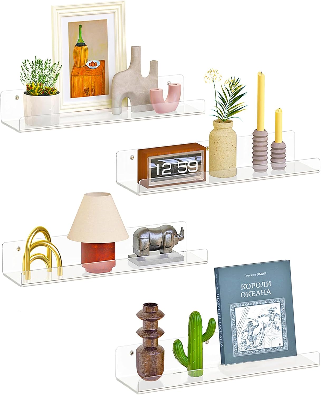 4 Pack Floating Shelves for Wall 15” Clear Acrylic Wall Shelf, Invisible Book Shelves, Wall Display Organizer, Home Decor Gift for Bedroom, Bathroom, Kitchen
