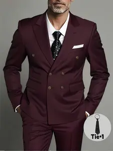 2pcs Men's Slim-Fit Wedding & Business Suit Set - Burgundy (Maroon) with White Piping Jacket & Trousers, Tailored Dress Pants for Groom, Groomsmen, Corporate Events - All-Season Formal Attire