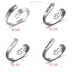 Faith Hope Love Blessed Cross Open Ring, Adjustable Stainless Steel Engraved Letter Twist Ring, Christian Inspired Titanium Steel Statement Jewelry