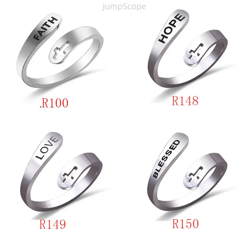 Faith Hope Love Blessed Cross Open Ring, Adjustable Stainless Steel Engraved Letter Twist Ring, Christian Inspired Titanium Steel Statement Jewelry
