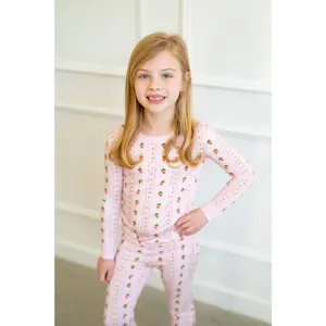Strawberry Stripe Two Piece Pajama Set for Kids - Soft Bamboo Viscose & Spandex - Cozy & Breathable - Easy Care Machine Washable - Vintage Strawberry Design - Perfect for Spring
