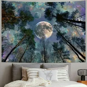 Tapestry Trippy Moon Forest Ceiling Tapestry For Bedroom Aesthetic, Cool Psychedelic Trees Starry Night Galaxy Sky Tapestry Wall Hanging, Tapestries College Dorm Home Decor 60X50Inch- Suitable For Bedrooms, Living Room Decor, Dorms, Short T
