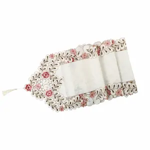 Unique Bargains Flowers Dining Table Runner Embroidered Tassel Floral Lace 15x59 Inches Tea Rose