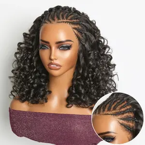 Pre Cut Glueless Plucked Lace Boho Braided Loose Deep  Lace With Braided Human Hair Wigs Curly Deep Wave  Short Wig  Pre-Braided Bouncy Curly Ear-to-ear Frontal Lace Wig