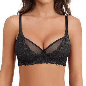 Avidlove Women's Lace Bra Underwire Bralettes Unlined Mesh Full Coverage Lingerie Everyday Bras with Adjustable Straps & Floral Lace Design