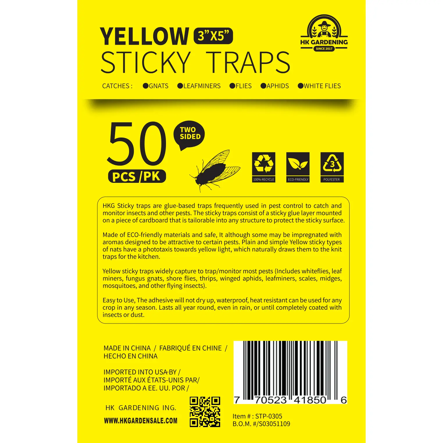 HK Gardening 2pks 50PCS each Sticky Fly Trap Paper Yellow Traps Fruit Flies Insect Glue Catcher