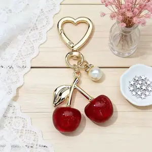 Heart Clip Cherry Keychain Glossy Resin Cherry Charm with Pearl Accent for Bags & Keys Elegant Accessory