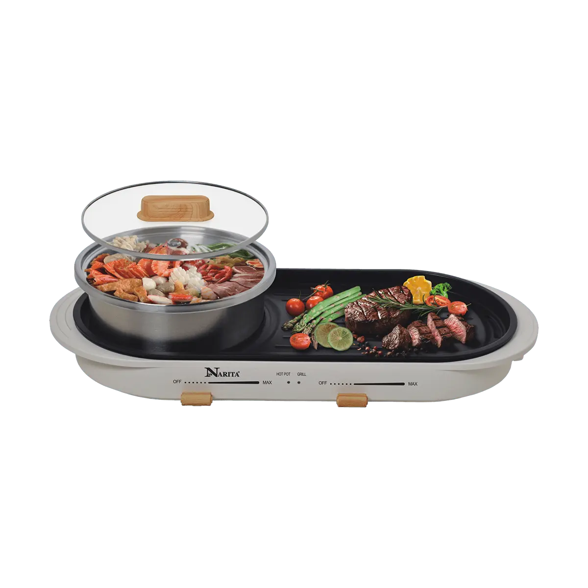 NARITA 2-in-1 Stainless Steel Hot Pot & Grill Pan, Non-Stick Electric Griddle for BBQ, NEC-1125