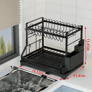 2026 New Model ，Double-Layer Kitchen Countertop Drain Rack, Can Hold Tableware, Carbon Steel Material,  Metal Material, with Drain Board,Kitchen Storage Rack，  kitchen organization