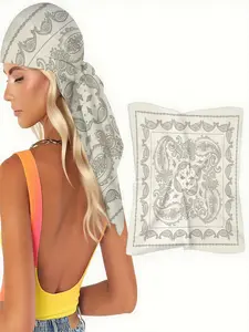 1pc White Paisley Pattern Square Scarf with Gray Ornamental Design, Elegant Retro Style, Perfect for Fall Festivals, Vintage Themed Parties or Sophisticated Daily Wear Accessories