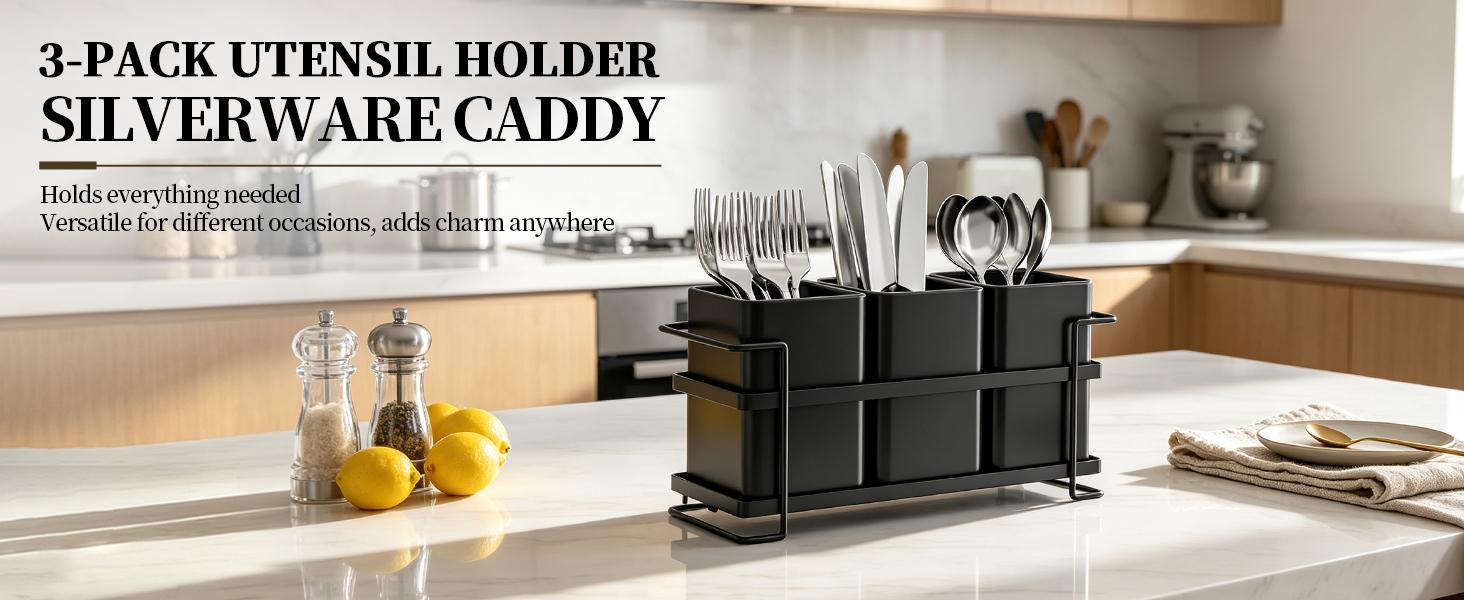 San Dream Kitchen Utensil Holder, Multi‑Compartment Black Metal Utensil Storage Caddy, Large Capacity Cooking Tool Organizer for Kitchen Countertop