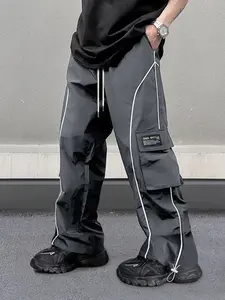 Men's Reflective Stripe Cargo Pants, Loose Wide Leg Techwear Streetwear Pants, Elastic Waist Multi-Pocket Casual Trousers, Perfect for Street Style, Daily Wear & Outdoor Activities, Polyester Quick Dry Fabric, All Seasons Fashion
